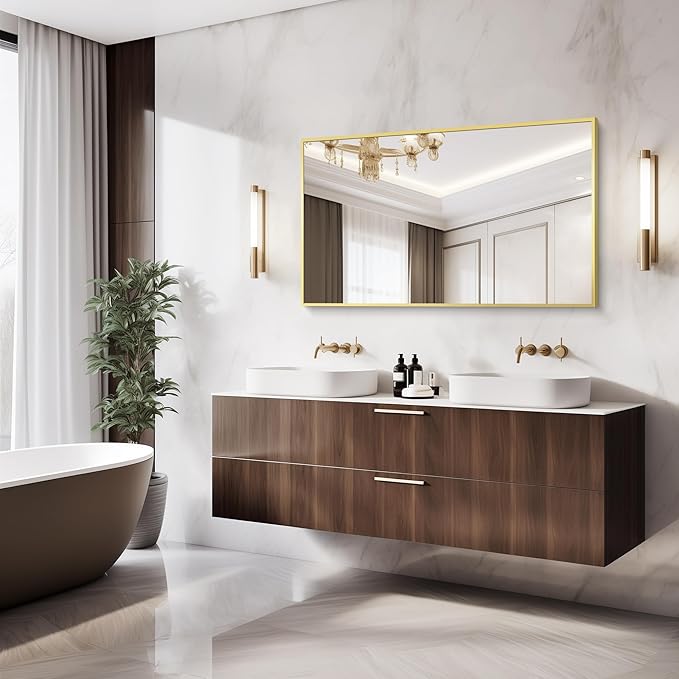 36x55inch Bathroom Mirror, Gold Rectangle Mirror with Thin Metal Frame, Large Rectangular Wall Mirror for Bathroom, Living Room, Hair Salon, Big Farmhouse Mirror Hang Horizontal/Vertical-Ruum Studio Home