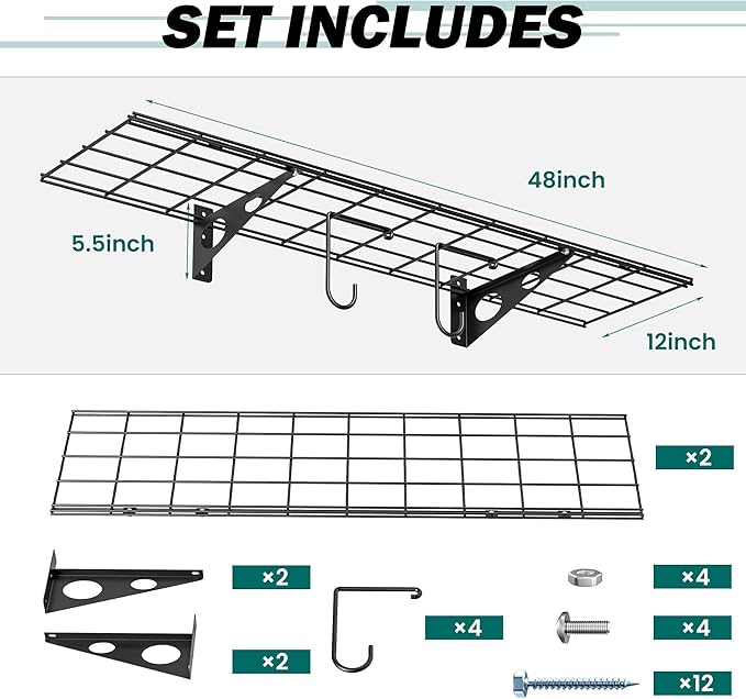 EVERHANGER Garage Wall Shelves, 12 X 48 Inch Wall Mounted Storage Shelves, Heavy Duty Metal Shelving with Hooks, 2 Pack, Black-Ruum Studio Home