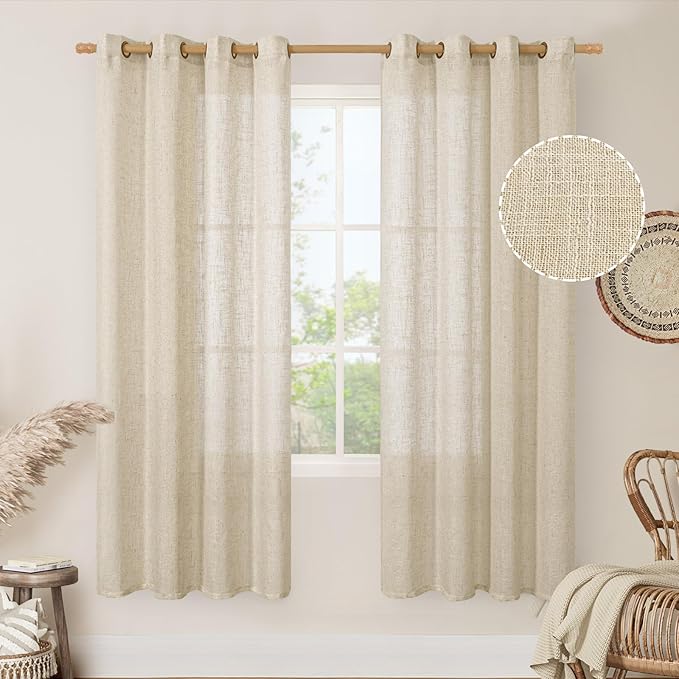 LAMIT Semi Sheer Linen Curtains 78 Inch Length for Living Room 2 Panels Set, Bronze Grommet Light Filtering Panels Neutral Drapes for Bedroom Farmhouse, 52 x 78 Inch, Linen-Ruum Studio Home