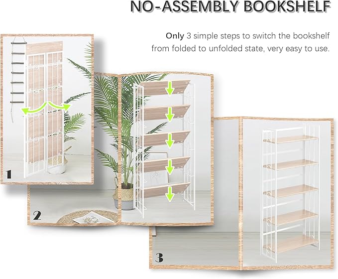 4NM No Assembly 5 Tiers Folding Bookshelf, 59.4" H Foldable Storage Shelves Vintage Bookcase Standing Racks Study Organizer Home Office - Natural White-Ruum Studio Home