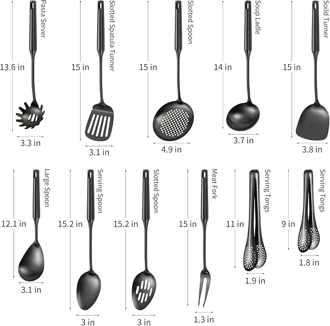 304 Stainlss Steel Matte Kitchen Utensils Set, 11 Pcs Long Metal Cooking Utensil Gadgets Tools Set with Spatula, Ladle, Spoon, Ladle, Skimmer, Tunner, Pasta Server, Tongs(Black, Dishwasher Safe)-Ruum Studio Home