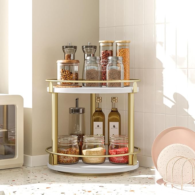 Lazy Susan Organizer, Rotating Spice Rack, 2 Tier Spice Turntable Organizer, Industrial Turntable Spice Holder, for Kitchen Countertop and Cabinet, Compact and Versatile, White and Gold SR22DW-Ruum Studio Home