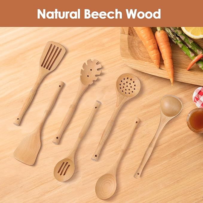 comfoyar Wooden Spoons for Cooking, 7 Pieces Kitchen Cooking Utenails Set with Spatula and Ladle, Heat Resistant Kitchen Cookware for Nonstick Pan-Beech-Ruum Studio Home