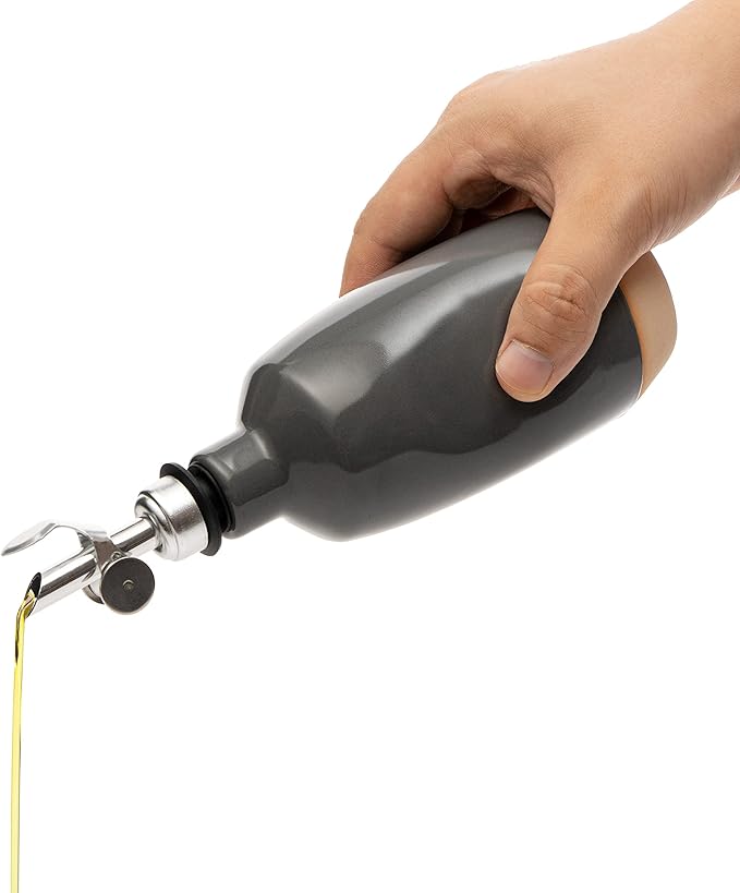 Olive Oil Dispenser Bottle Stoneware Ceramic, Cruet Protects to Reduce Oxidation, Suitable For Storage Of Oil, Vinegar, Coffee Syrups & Other Liquids - Stainless Steel Spout 14Oz-Ruum Studio Home