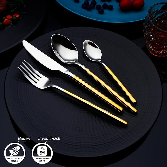 24 Piece Silverware Set For 6 Gold Handle Heavy duty 18/10 Stainless Steel Flatware Set Modern Design Knife/Fork/Spoon Mirror Polished Dishwasher Safe Cutlery Set with Gifts-Ruum Studio Home