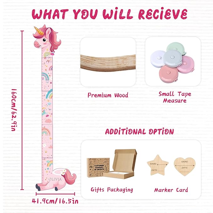 Personalized Name Growth Chart for Kids, Unicorn Wooden Wall Decor Growth Chart, Wall Decor for Kids Room, Wooden Growth Chart for Wall and Nursery Medical Office Toddler Playroom-Ruum Studio Home