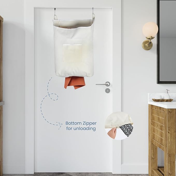 The Fine Living Co. Hanging Laundry Hamper with Over Door Hooks & Adhesive, Durable Space Saving Laundry Bag with Zipper and Wide Open Top, Hanging Dorm Laundry Hamper 18"x4.75"x28" (Beige-L)-Ruum Studio Home
