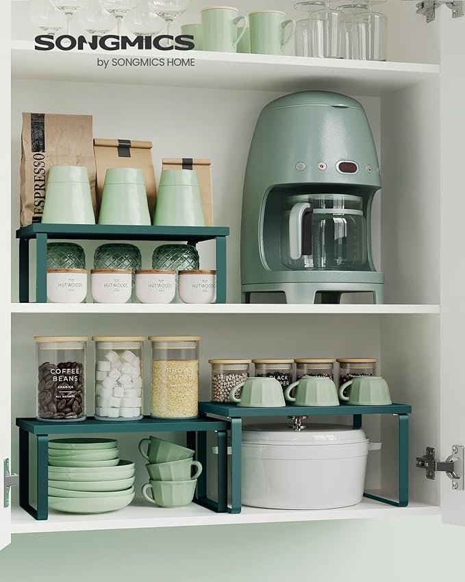 SONGMICS Cabinet Organizer Shelf, Set of 3 Kitchen Counter Shelves, Kitchen Storage, Spice Rack, Stackable, Expandable, Cascade Green UKCS220C01V1-Ruum Studio Home
