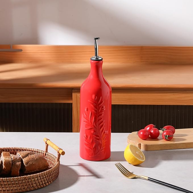 Sweejar Large Olive Oil Dispenser Bottle with Spout, 24 Oz Ceramic Oil Dispenser for Kitchen, Relief Opaque Cruet, Container for Cooking, EVOO, Vinegar, Pack of 1 (Red)-Ruum Studio Home