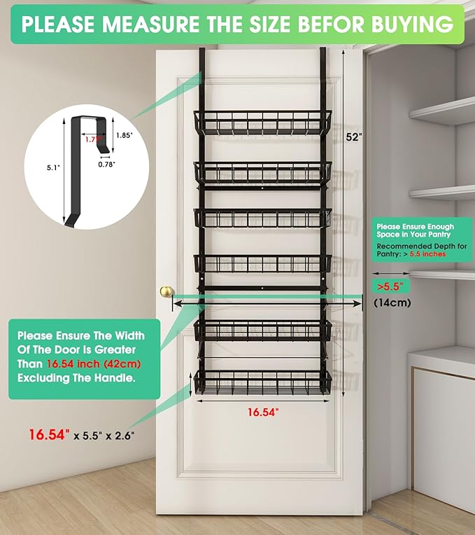 Over The Door Pantry Organizer, Pantry Storage and Organization, 6-Tier Adjustable Hanging Baskets, Metal Wall Mount Spice Rack Seasoning Shelves for Home & Kitchen, Laundry Bathroom - Black-Ruum Studio Home