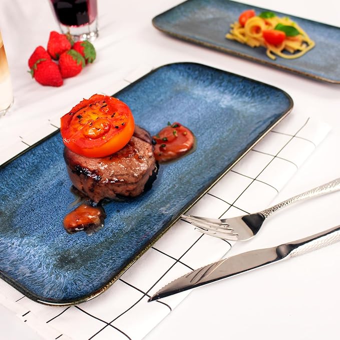 Porcelain Dinner Plates Blue 2 PCS, Serving platters for entertaining, for Fruit, cheese, snack, Bread, cupcake, Salad - Scratch Resistant durable, Microwave, Dishwasher Safe-Ruum Studio Home