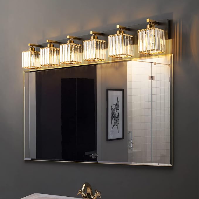 Modern Bathroom Vanity Light 6-Lights Black Gold Crystal Bathroom Wall Light Vanity Light Fixtures,44.09-inch Modern Minimalist Design