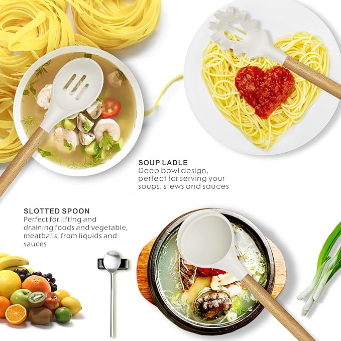 Silicone Cooking Utensils Set - 446°F Heat Resistant Silicone Kitchen Utensils for Cooking,Kitchen Utensil Spatula Set w Wooden Handles and Holder for Non-Stick Cookware, BPA FREE (Cream White)-Ruum Studio Home