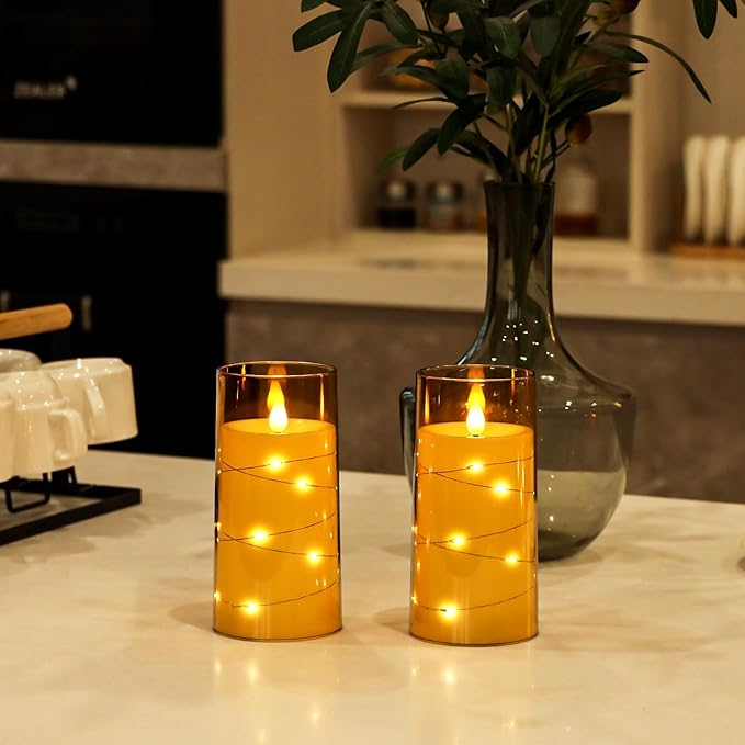 Aignis Flickering Flameless Candles Battery Operated Candles LED Candles with Remote Timer for Home/Wedding/Birthday/Holiday Decor ,Brown 3D Flame Set of 2 (D3 xH6 6")