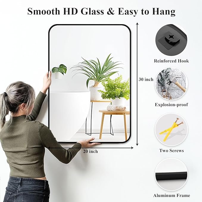 Fabuday Black Wall Mirror for Bathroom Over Sink - 20x30 Matte Metal Framed Rectangle Mirror, Rounded Rectangular Vanity Mirrors for Living Room, Bedroom, Entryway, Hallway, Horizontally/Vertically-Ruum Studio Home