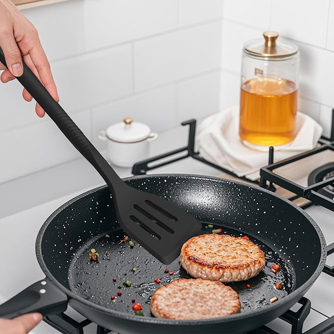 Silicone Cooking Utensils Set - 600°F Heat Resistant, Nonstick Kitchen Utensil Set with Spatulas, Spoons, Whisk, Tongs, BPA Free, Dishwasher Safe, Black-Ruum Studio Home