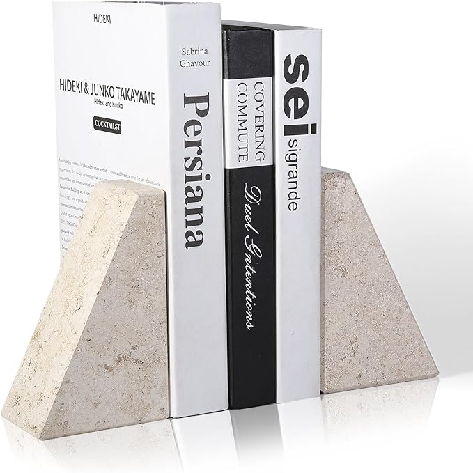 Marble Bookends for Heavy Books, Decorative Book Ends for Shelves, Beige Stone Durable and Heavy-Duty Book Ends for Hardback Books & CDS, Unique Book Stopper & Holder, Set of 2-Ruum Studio Home