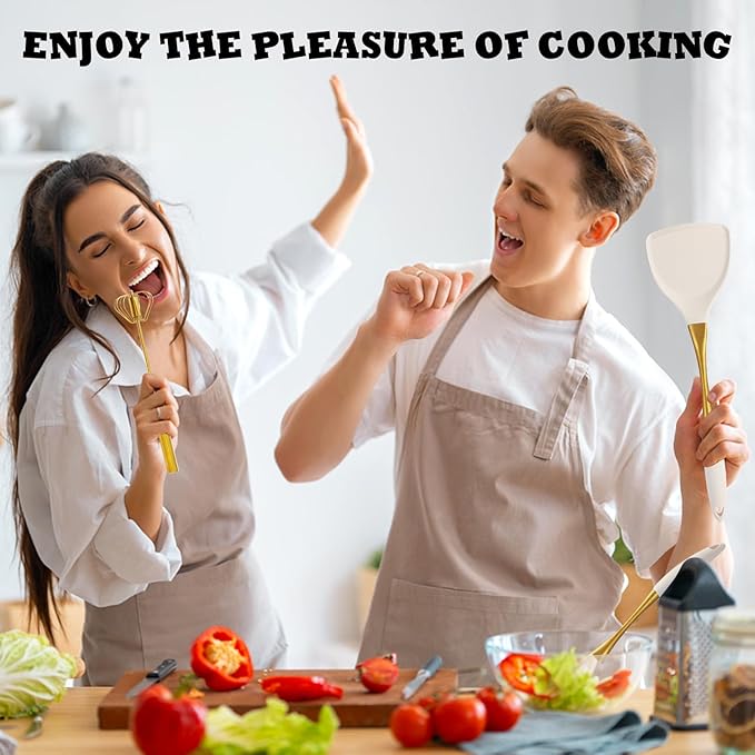 Elegant White Gold Silicone Cooking Utensils Set - Non-Toxic, Dishwasher Safe Kitchen Utensils Set with Heat Resistant Comfort Handles - Includes Spatula & Spoon for Nonstick Cookware-Ruum Studio Home