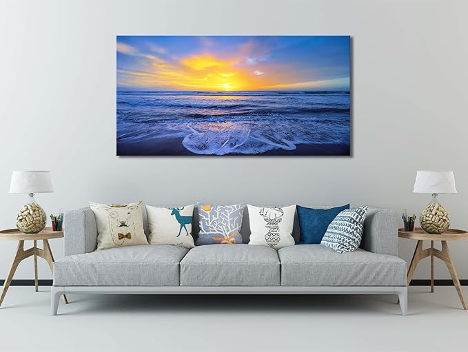 Wall Art Decor Large Sunset Canvas Print Picture Sunrise Ocean Beach Waves Scenery Modern Painting Artwork for Home Office Living Room Bedroom Decoration Framed Ready to Hang, 20x40Inch-Ruum Studio Home
