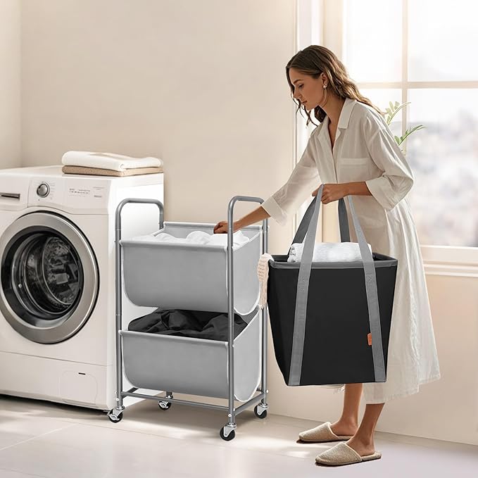 STORAGE MANIAC 80 Liters Vertical Rolling Laundry Hamper, 2 Section Laundry Sorter with Wheels and 2 Breaks, 2-tier Laundry Baskets for Small Space, Dorm, Laundry Room, Closet, Bathroom, Gray 2-tier-Ruum Studio Home