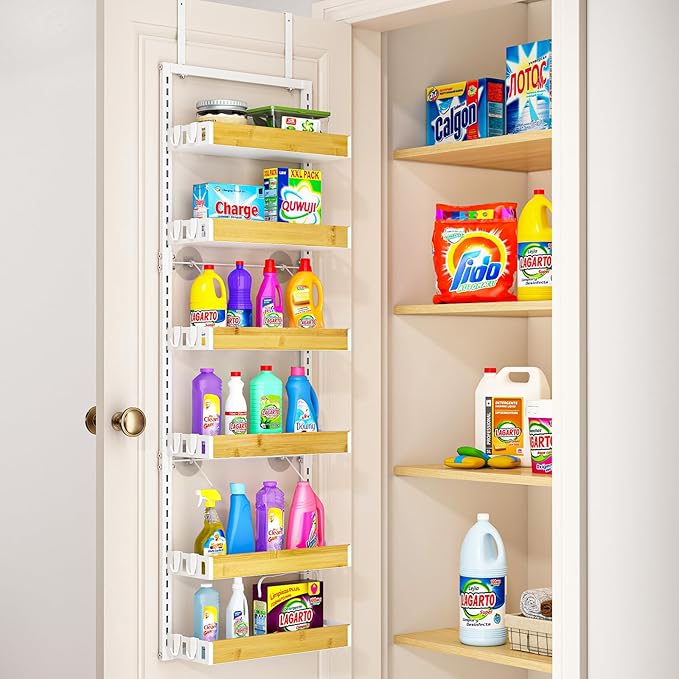 bukfen Over the Door Pantry Organizer 6-Tier Adjustable Basket Kitchen Pantry Door Organization and Storage, 2 in 1 Wall Mount or Hanging Heavy-Duty Metal Hanging Kitchen Spice Rack,White Bamboo Color-Ruum Studio Home