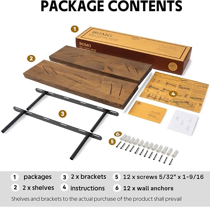 BGMG Floating Shelves 24 inch Long, Distressed,Wide Rustic Wooden Wall Shelves for Bathroom Living Room Bedroom Kitchen Farmhouse Set of 2-24x6.7x1.25 inch-Distressed Walnut-Ruum Studio Home