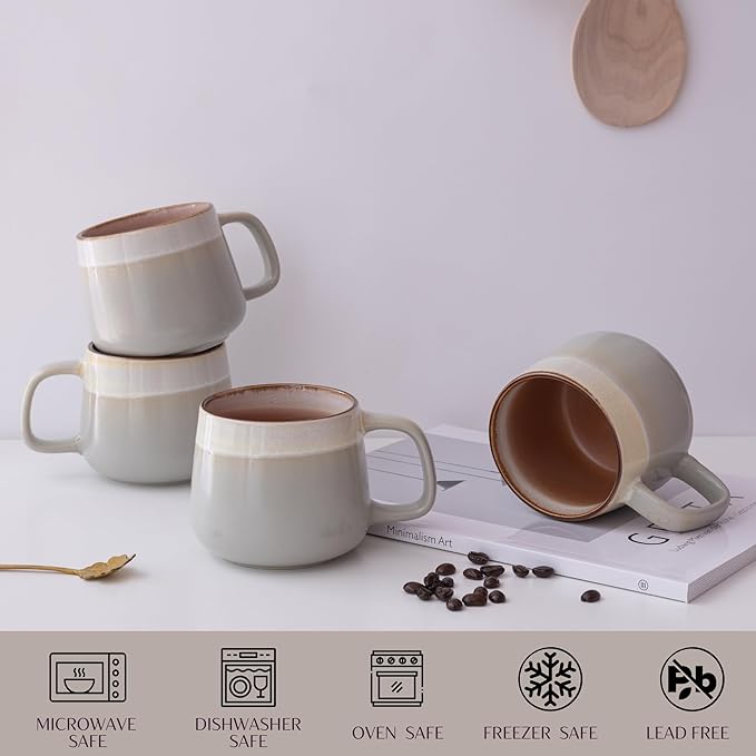 Ceramic Coffee Mugs Set of 4, 12 oz Stoneware Coffee Cups with Comfortable Handle for Latte, Tea, Cappuccino, Cocoa -Microwave and Dishwasher Safe - Modern Unique Aesthetic - Reactive Glaze-Ruum Studio Home