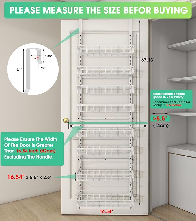 Over The Door Pantry Organizer, Wall Mount Spice Rack, Pantry Hanging Storage and Organization, 8 Adjustable Baskets Heavy-Duty Metal for Home & Kitchen, Back of Door Seasoning Rack - White-Ruum Studio Home