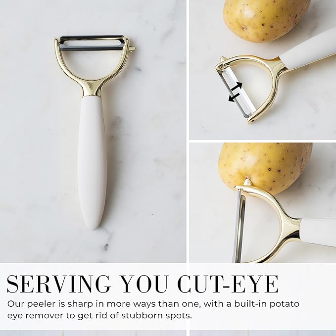 White & Gold Cooking Utensils Set - Luxe 8-Piece Kitchen Gadget Set Includes Can Opener, Tongs and Garlic Press - Stylish White and Gold Kitchen Accessories for Modern Kitchens, Ideal for Gifting-Ruum Studio Home