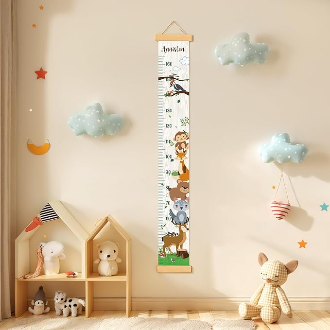 Personalized Name Growth Chart Wall Decor for Kids – Canvas Removable Height Chart Measuring Ruler 59" x 7.9" (Zoo)-Ruum Studio Home