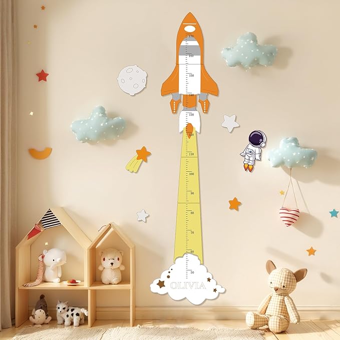 Personalized Name Height Chart for Kids, Cute Rocket Wooden Growth Chart for Kids, Wall Height Chart for Children, Cute Wall Ruler for Kids, Track Height Measurement, Easy to Install-Ruum Studio Home