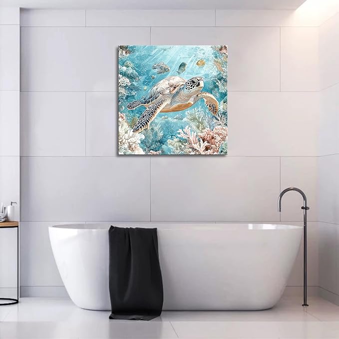 Sea Turtle Bathroom Wall Decor Ocean Theme Framed Canvas Wall Art Coastal Nautical Prints Picture Watercolor Coral Marine Life Painting for Kid Bedroom Living Room Home Decoration 14x14”-Ruum Studio Home