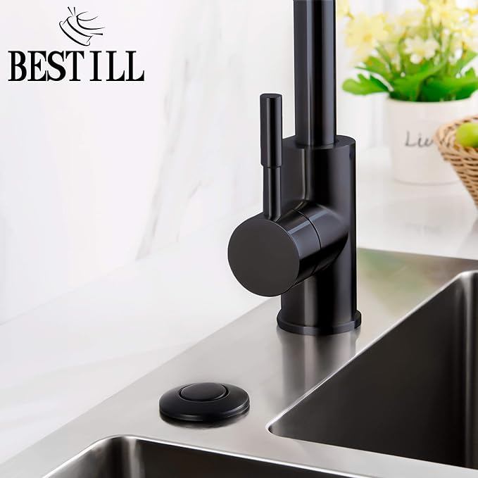 BESTILL Garbage Disposal Sink Top Air Switch Kit with Single Outlet, Matte Black 3.6" Long Push Button with Brass Cover, UL Listed, Compatible with all Garbage Disposals-Ruum Studio Home