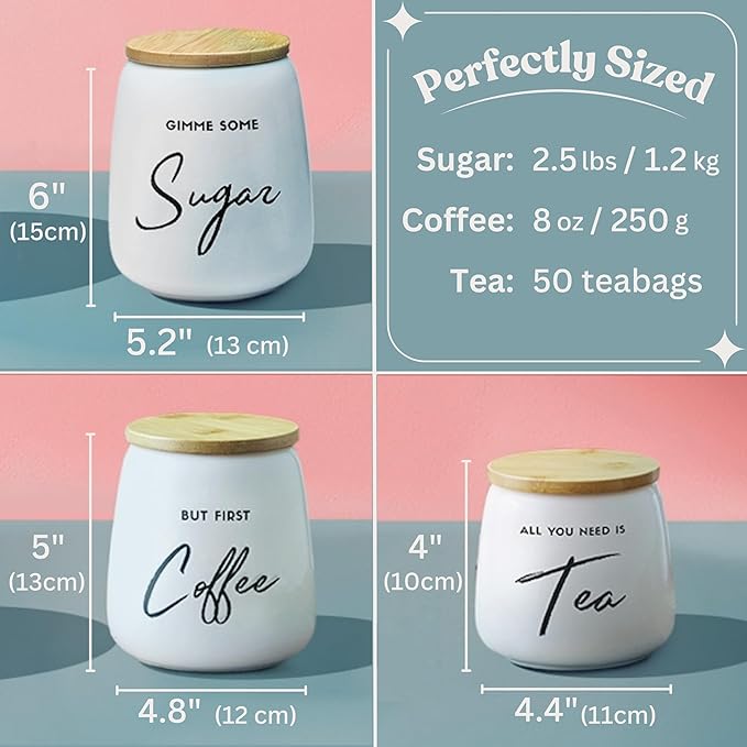 Coffee Tea and Sugar Ceramic Canister Set - 3-Piece Airtight Kitchen Canisters for Countertop - Coffee Bar Container Set-Ruum Studio Home