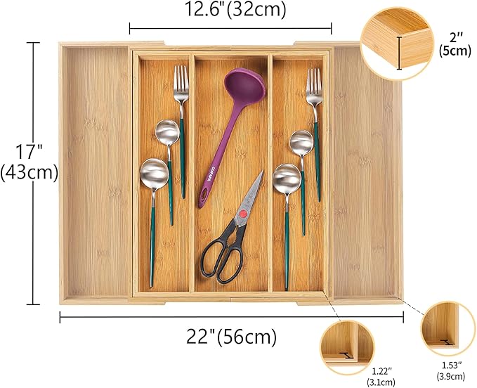 Utoplike Bamboo Expandable Kitchen Drawer Organizer, Adjustable Utensil Holder and Cutlery Tray Organiser, Drawer Divider for Silverware, Flatware, Knives in Kitchen, Bedroom, Living Room, 5 Slot-Ruum Studio Home