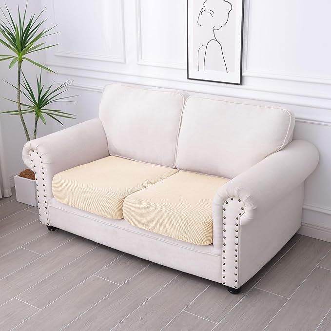 hyha Waterproof Couch Cushion Covers for Pets, Non Slip Sofa Seat Cover for Dogs Washable, Soft Thick Stretch Jacquard Fabric, Sofa Slipcovers with Elastic Bottom (2 Pieces, Beige)-Ruum Studio Home