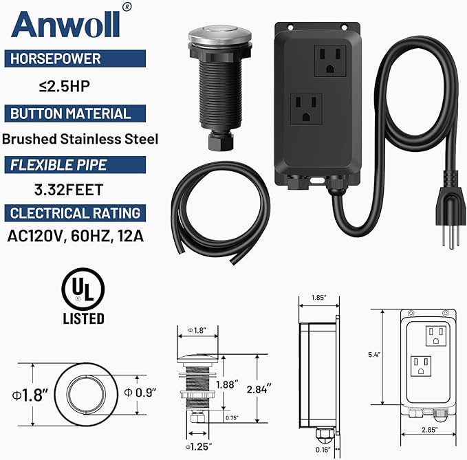 Garbage Disposal Air Switch Kit -Professional- Dual Outlet, Sink Top Waste Disposer On/Off, Garbage Disposal Button, UL Listed-Ruum Studio Home
