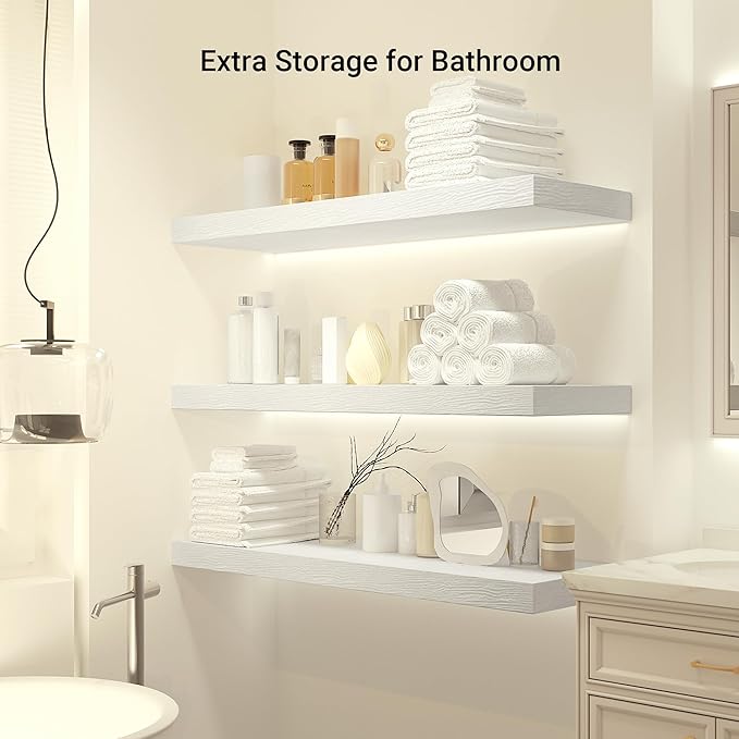 Heimlove 24 x 12 Inch Deep Floating Shelves Wall Mounted with Invisible Brackets,Storage Hanging Shelf for Wall Decor in Bathroom, Bedroom, Toilet, Kitchen, Living Room, Office Set of 1 (White)-Ruum Studio Home