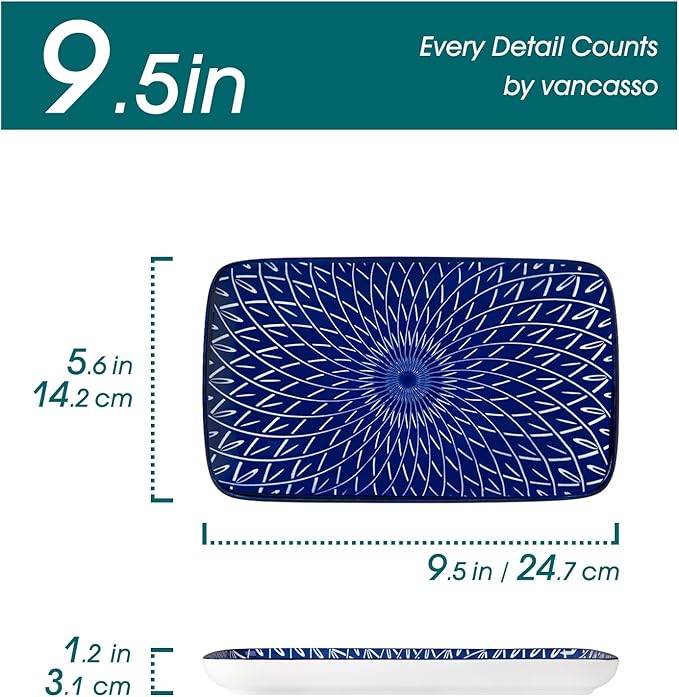 vancasso Selene 9.5 Inch Rectangular Dinner Plates Set of 6, Ceramic Salad Plates for Dessert, Appetizer, Porcelain Serving Platters for Entertaining, Microwave & Oven Safe, Vintage Blue & White Color-Ruum Studio Home