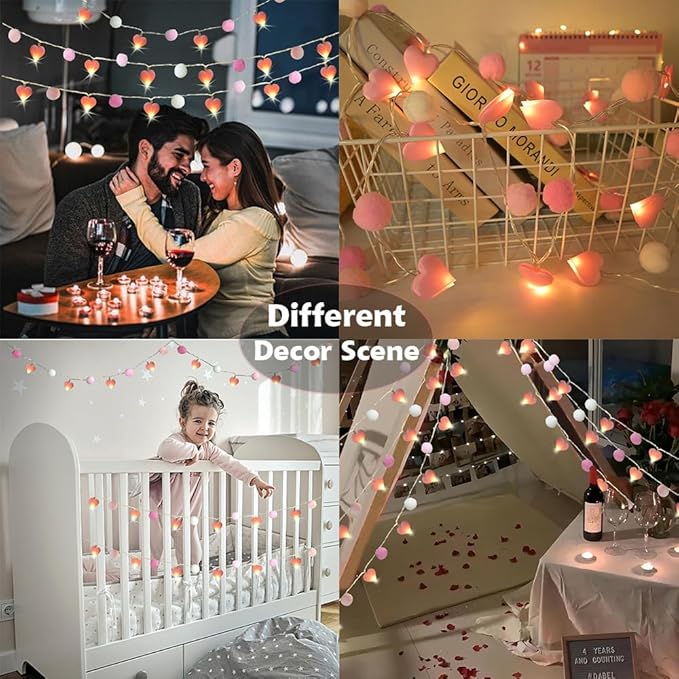 9.85Ft String Lights with 20 Pink Heart LEDs 20 Pink Pom Poms Garland Lights with Timer Valentine Decoration for Home Kid Bedroom Mother's Day Wedding Party Valentine's Day Decor-Ruum Studio Home
