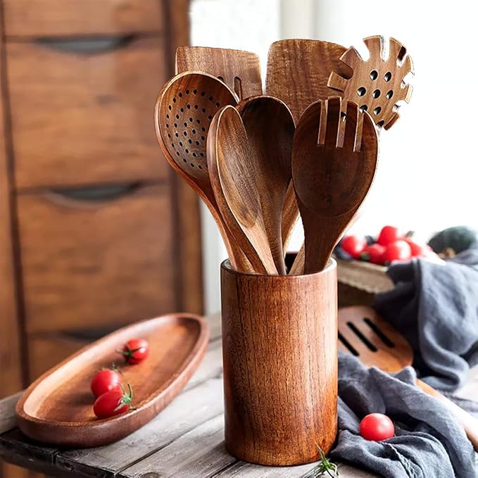 Teak Wooden Kitchen Utensil Set - 7Pcs Wooden Cooking Utensils Including Spatula-Ruum Studio Home