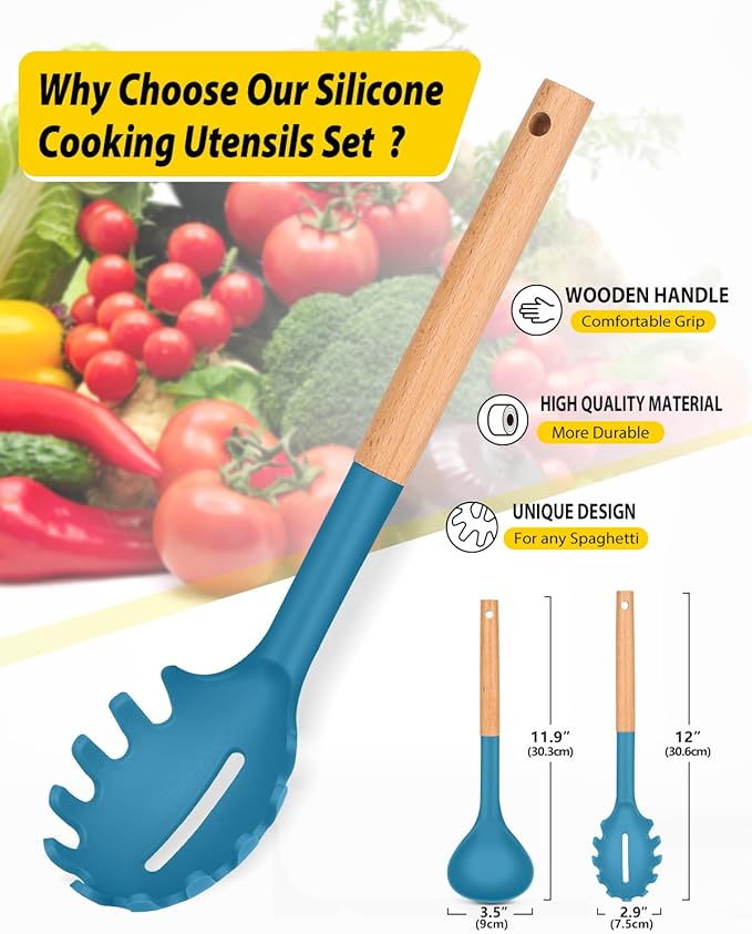Silicone Pasta Fork and Ladle Spoon Set with Wooden Handle, Heat Resistant Non Stick Kitchen Utensils for Cooking, Stirring, Serving Spaghetti, Soup, Sauce(BLUE)-Ruum Studio Home