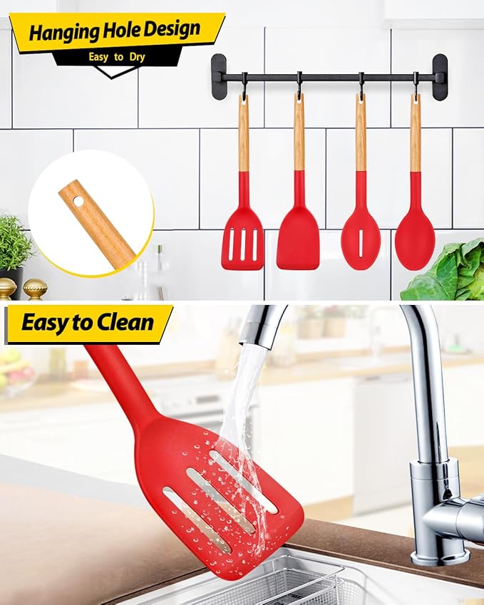 Pack of 4 Silicone Cooking Utensils Set, Non Stick Solid Spatulas and Heat Resistant Slotted Spoons with Wooden Handle, Ideal Wood Kitchen Utensils Set for Frying,Serving,Turning,Stirring (RED)-Ruum Studio Home