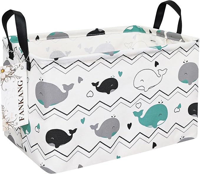FANKANG Storage Bins, Nursery Hamper Canvas Laundry Basket Foldable with Waterproof PE Coating Large Storage Baskets for Kids Boys and Girls, Office, Bedroom, Clothes,Toys(Rec-whales )-Ruum Studio Home