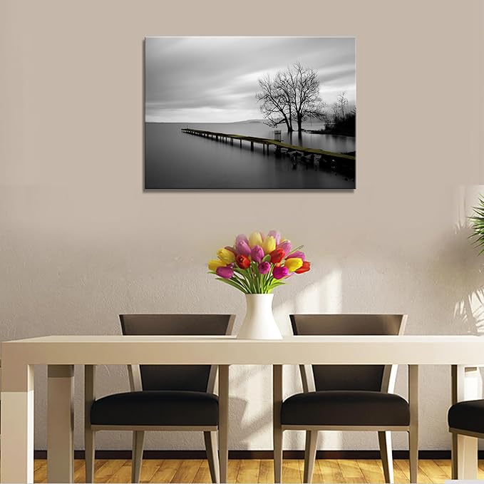 DZL Art S74981 Canvas Prints Modern Minimalist Black and White Lake Trees Landscape Wall Art Painting for Living Room Bedroom Decor Office Wall Decor Home Decoration-Ruum Studio Home