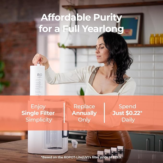 Bluevua RO100ROPOT-Lite(UV) Reverse Osmosis System Countertop Water Filter, 7-Stage Purification with UV and Remineralization, TDS & Filter Life Monitoring, Portable Water Purifier, White-Ruum Studio Home