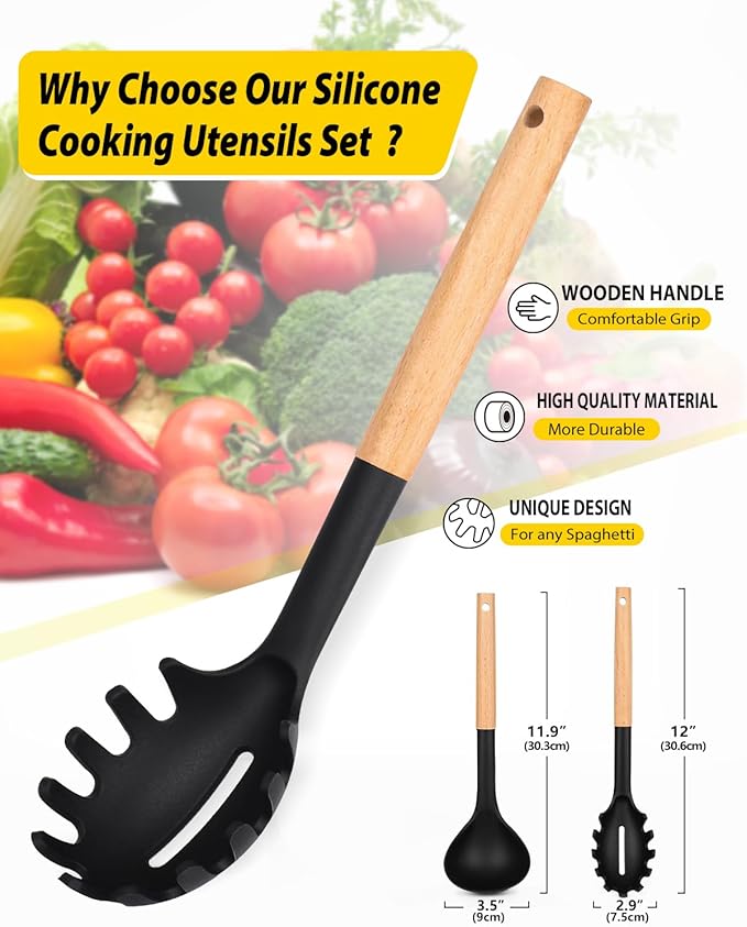 Silicone Pasta Fork and Ladle Spoon Set with Wooden Handle, Heat Resistant Non Stick Kitchen Utensils for Cooking, Stirring, Serving Spaghetti, Soup, Sauce(BLACK)-Ruum Studio Home