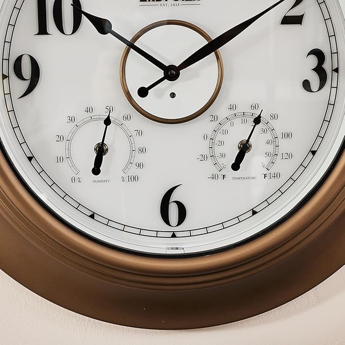 Andy Star 21 Inch Large Luminous Outdoor Wall Clock Waterproof with Temperature, Vintage Round Wall Clocks Battery, Oversized Pool Clock for Garden Patio Rustic Bronze Finish Silent Non Ticking Clock-Ruum Studio Home