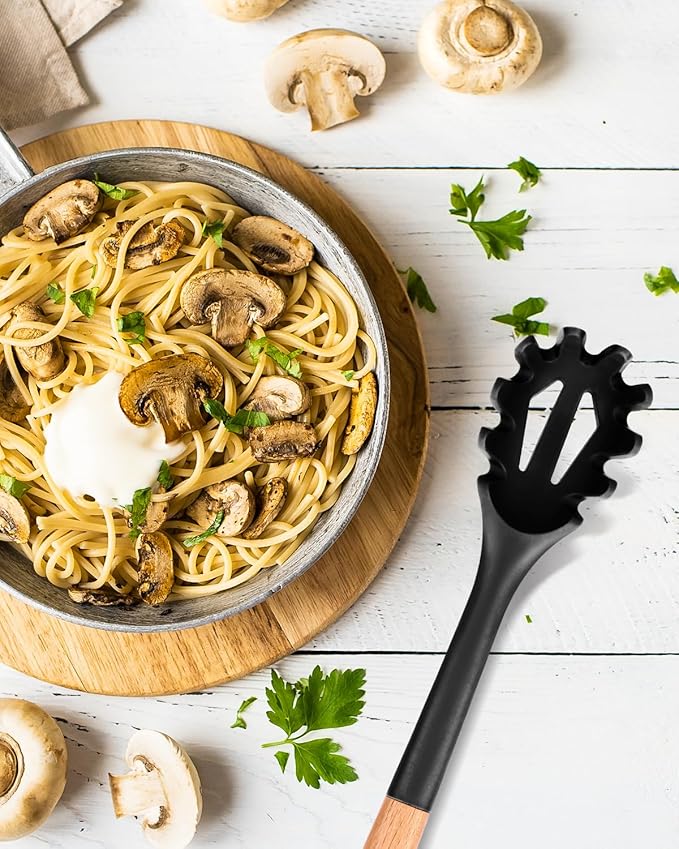 Silicone Pasta Fork, Kitchen Heat Resistant Noodle Spoon Server, BPA Free Spaghetti Strainer,12.8 inch (Black)-Ruum Studio Home