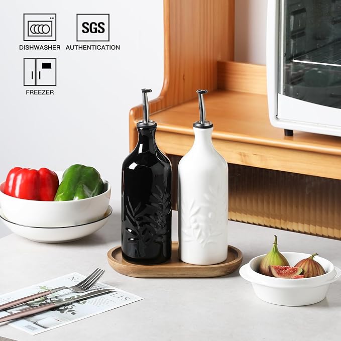 Sweejar Ceramic Olive Oil Dispenser Bottle, 20 Oz Relief Opaque Oil Cruet Protects To Reduce Oxidation, Suitable for Storage Vinegar, Soy Sauce,Liquids,Set of 2 (White Black)-Ruum Studio Home